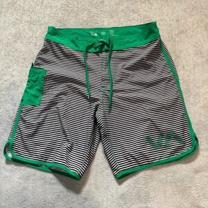 RVCA Board Shorts Mens 32 Gray Green Logo Swim Trunks Surf Back Zip Pocket 9"